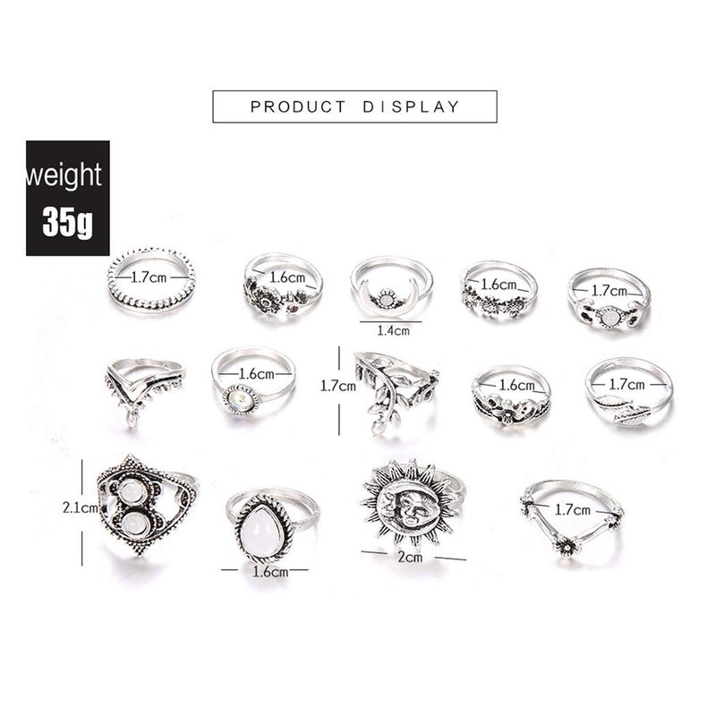 Edary Boho Sun Knuckle Rings Set Floral Carved Stackable Rings Crystal Rings Set Silver Moon Rings for Women(14PCS) - Image 3